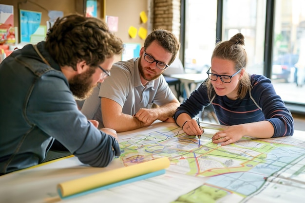 Планировщики городской мобильности brainstorm в офисе городского планирования картографирования транспортных сетей велосипед