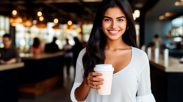 Urban Morning Bliss Young Woman Enjoying Coffee in a Trendy Cafe