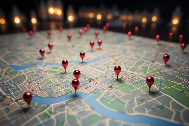 写真 都市ナビゲーション 探索ルートを導く都市地図の赤いピン