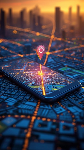 Foto navigazione urbana smartphone visualizzazione del percorso contro uno sfondo urbano verticale mobile wallpaper