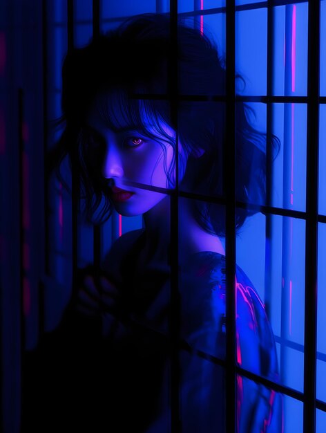 Photo urban night aesthetics moody reflections of a stylish teen in dim blue hues