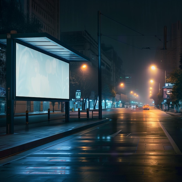 Urban Night Scene with Blank Billboard Ready for Advertising on a Deserted Street