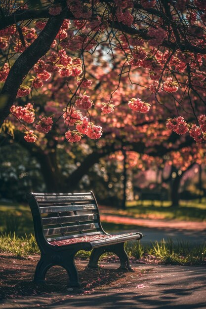 Urban Oasis Finding Peace on a Bench Under the Blooming Canopy of Crabapple Trees in Spring