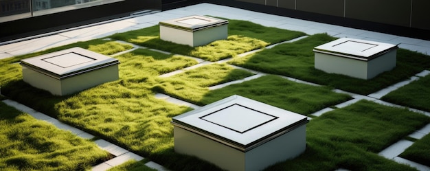 An urban oasis scene featuring a rooftop garden covered in lush green grass