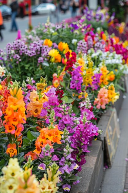 Urban Oasis Snapdragons in Full Bloom Along the Sidewalks Bringing Life to the City in Spring