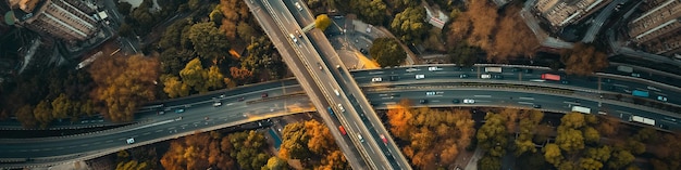 Urban overpass real scene bustling road traffic overlooking view drone view ultrawide Angle