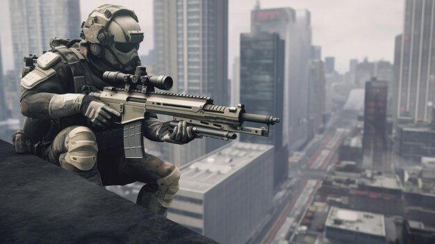 Urban Overwatch Реалистичная и подробная фотография снайпера спецназа на крыше