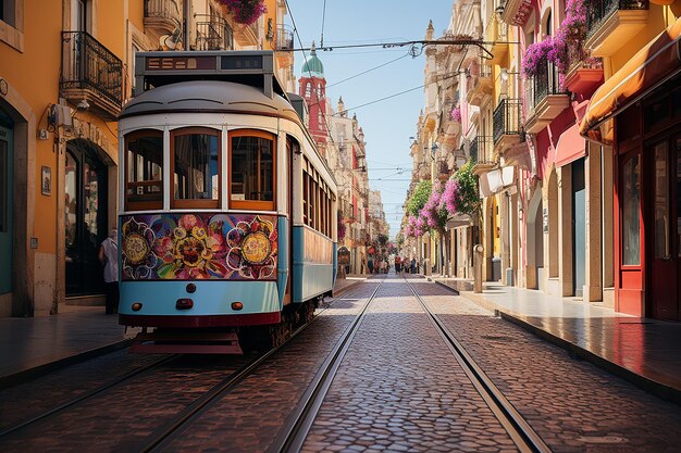 Foto tram urbano della tavolozza che passa da edifici piastrellati colorati