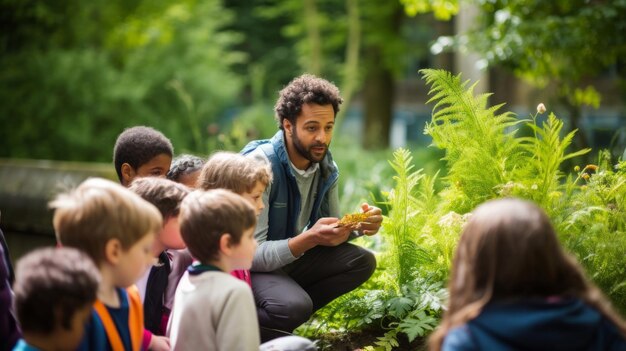 Foto il botanico del parco urbano istruisce i bambini sul ruolo della flora locale nell'educazione ambientale