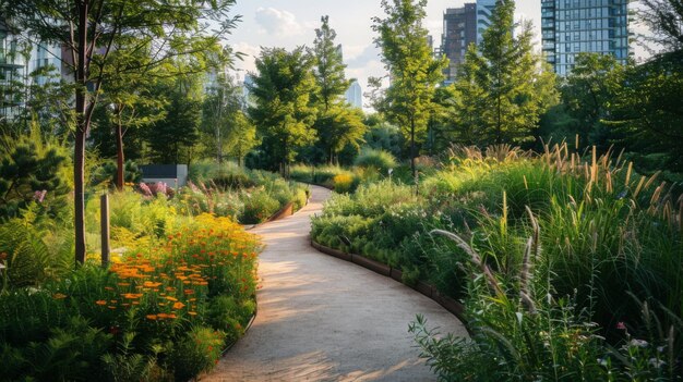 写真 高い 建物 が ある 都市 公園 の 道