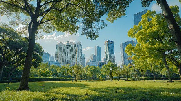 Urban Park with Skyscrapers Background