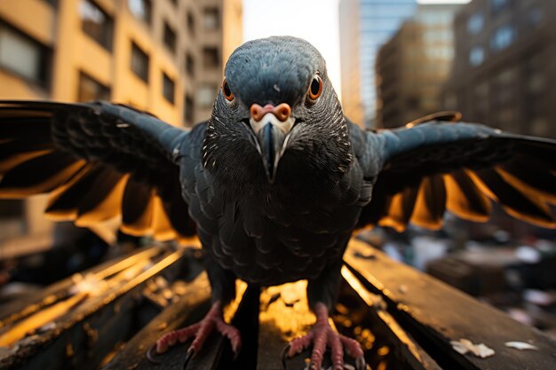 Photo urban pigeon observing busy city generative ia