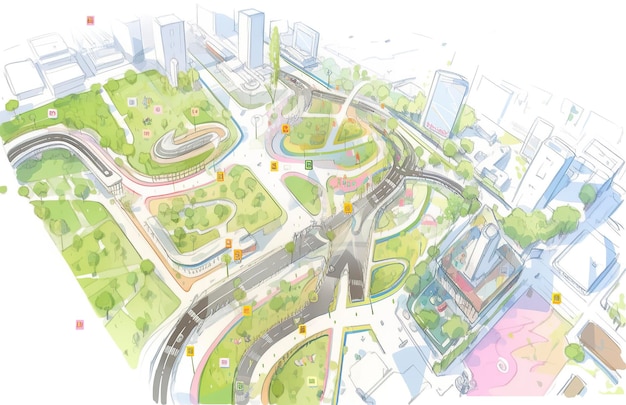 緑地、公共交通機関、歩行者ゾーンなどの持続可能な要素を強調した都市計画スケッチ AI ジェネレーティブ