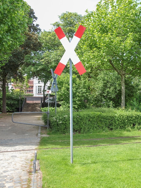 Urban railway railroad train level crossing sign