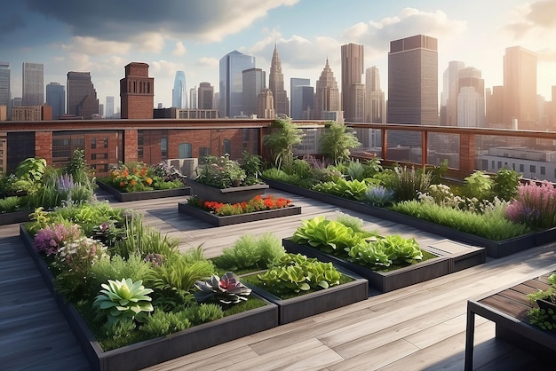 Photo urban rooftop garden 3d background