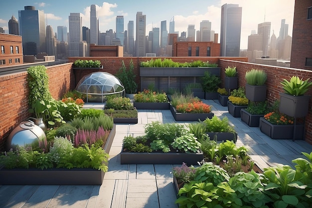 Photo urban rooftop garden 3d background