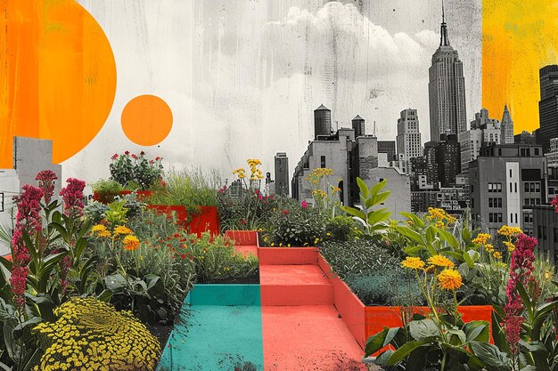 Foto urban rooftop garden e city skyline collage