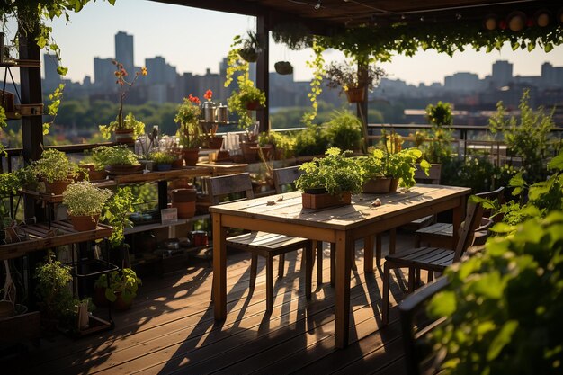 Foto un giardino urbano sul tetto con una vegetazione lussureggiante e una vista panoramica della città sottostante