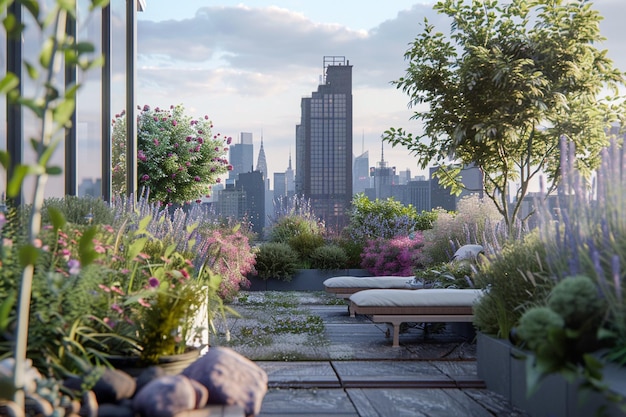 Urban rooftop garden with skyline views octane ren