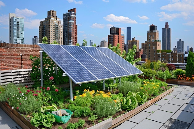 Photo urban rooftop garden with solar panels overhead ar generative ai