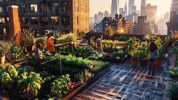 Photo an urban rooftop garden with a view of the city skyline there are several people tending to the garden which is full of lush plants and flowers