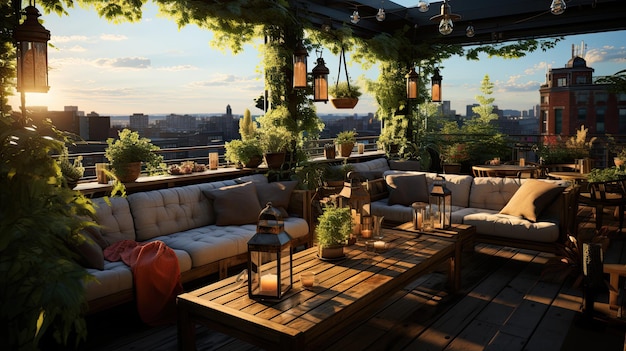 Urban Rooftop Oasis Lush Greenery Relaxing Ambiance Generative AI
