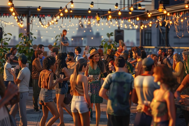 Urban rooftop party with a lively and multicultura