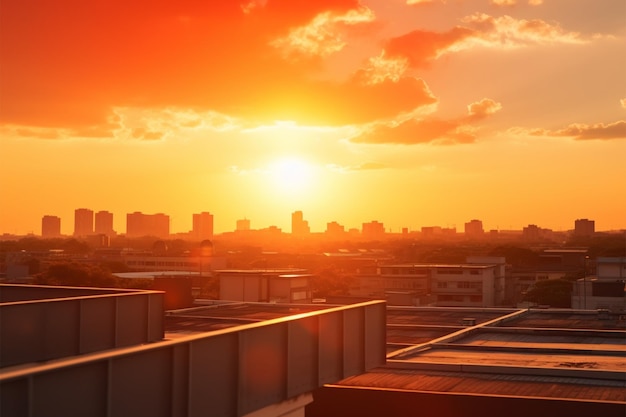 Urban rooftop view during a scorching summer heatwave at sunset