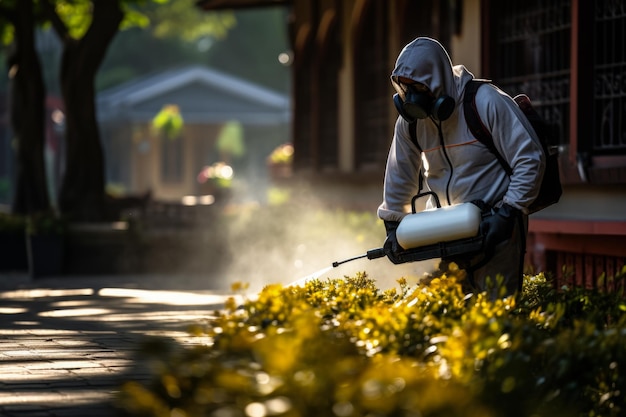 Foto lavoratore di sanità urbana che disinfetta gli spazi pubblici sfondo con spazio vuoto per il testo