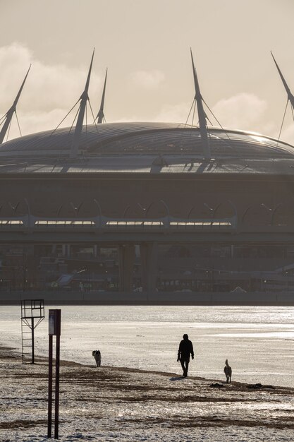 Urban scenery with a man walking with his dogs in front of the huge building of the Stadium under the sun in winter Saint Petersburg, Russia.