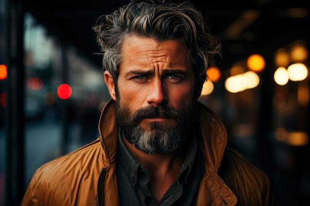 In an urban setting a brutal bearded man exudes style and confidence in his portrait