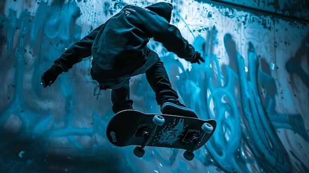 도시 스케이트보더가 그래피티로 인 스케이트파크에서 트릭을 수행합니다.