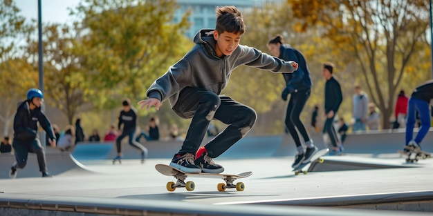 도시 스케이트보딩: 스케이트 파크에서 트릭을 수행하는 젊은 스케이트 선수, 캐주얼 스트리트 스포츠 스타일, 활기찬 야외 청소년 문화 장면, AI