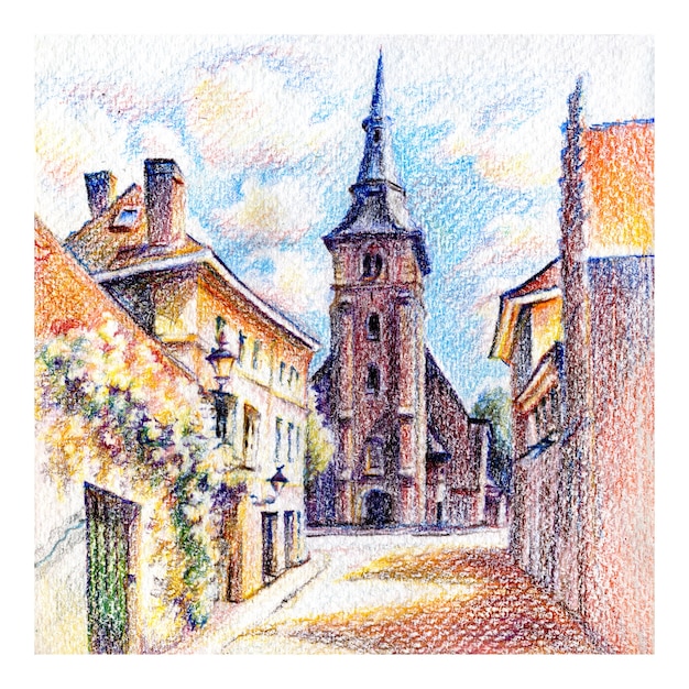 Городской эскиз старой улицы Брюгге с церковью и красивыми средневековыми домами, Бельгия. Рисование цветными карандашами