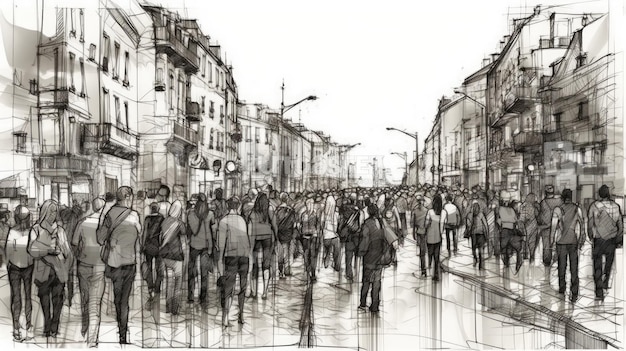 Urban Sketching of a Crowd Walking in Ink Sketch