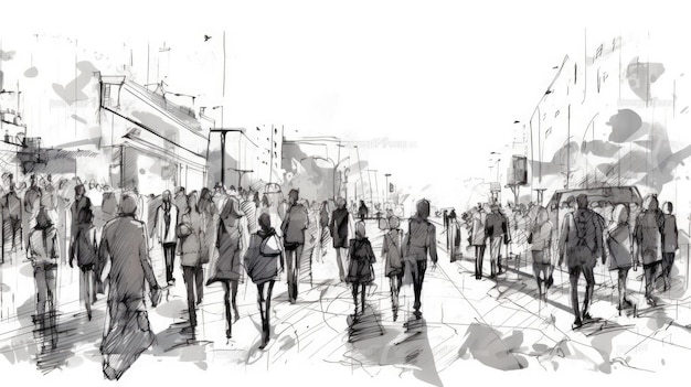 Urban Sketching of a Crowd Walking in Ink