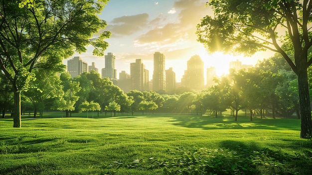 Urban Skyline City Park View met wolkenkrabbers Natuur en een ontspannende groene ruimte