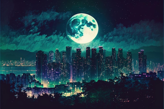 満月の夜景中にカラフルなライトでライトアップされた都市のスカイライン ファンタジー コンセプト イラスト絵画 ジェネレーティブ AI