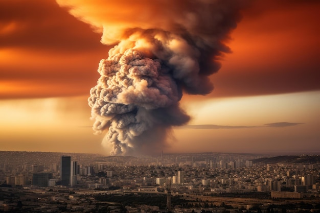 Urban skyline showing a huge explosion in a city