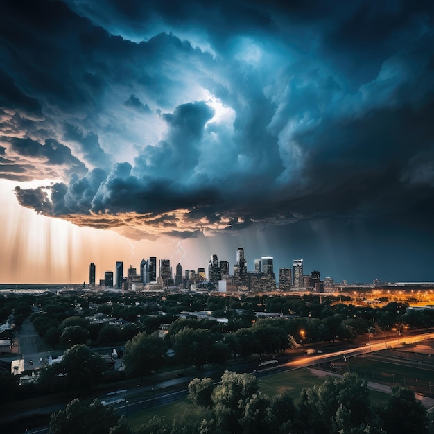 Photo urban skyline silhouetted against stormy night sky