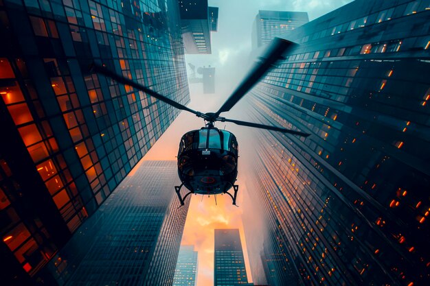 Photo urban skyscraper soars black helicopter captures cityscape from above