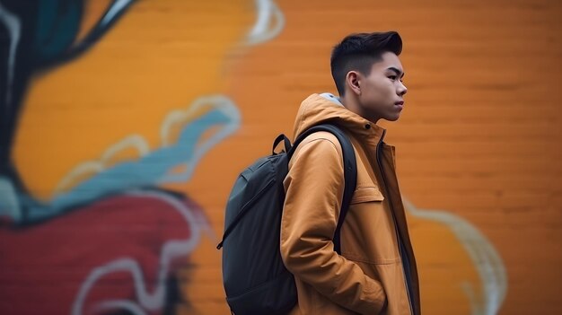 Urban sophistication college student poses with urban chic vibe against a stunning wall