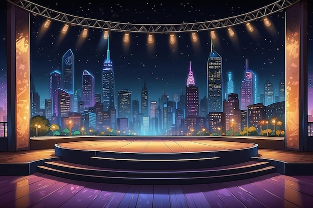 Urban Spotlight Cartoon Stage with City Lights Backdrop