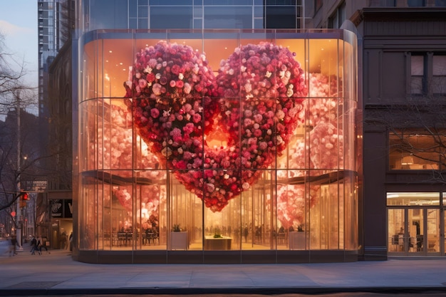バレンタインデーのハートのデザインで飾られた都市型店舗のガラスファサードの店頭