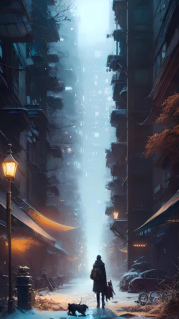 Urban street city night landscape illustration