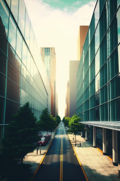 Foto strada urbana in città con edifici moderni e alberi creati utilizzando la tecnologia generativa ai