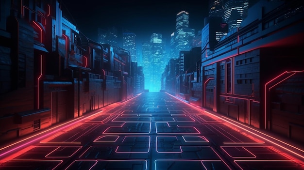 Urban street at night red blue neon city