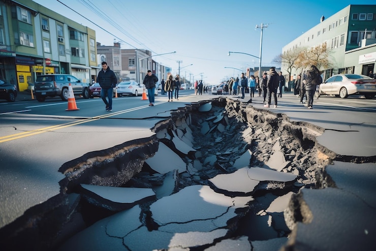 Photo urban street scene long crack in road revealing earthquake39s impact ai