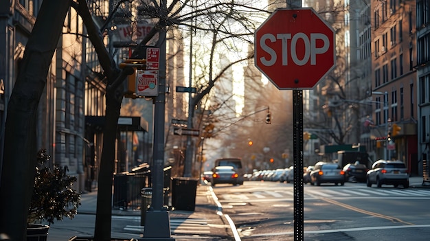 Photo urban street scene at sunset with a prominent stop sign cars and bare trees lining the road