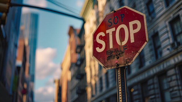 Photo urban street scene at sunset with a prominent stop sign cars and bare trees lining the road